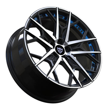 Custom 1 piece forged wheel RV-MF142 in black and blue finish, ideal for luxury vehicles and performance cars.